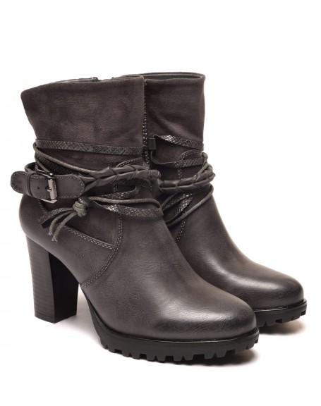Gray bi-material ankle boots with heels and multiple straps
