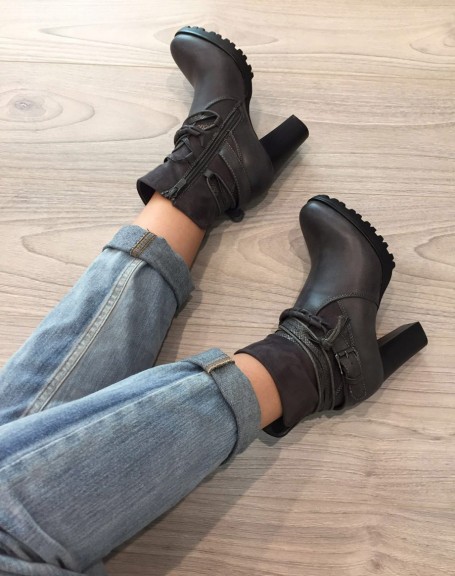 Gray bi-material ankle boots with heels and multiple straps