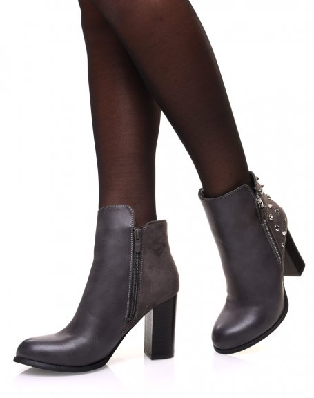 Gray bi-material ankle boots with heels and studded details