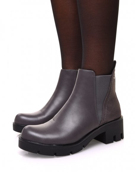 Gray bi-material ankle boots with high cut elastic