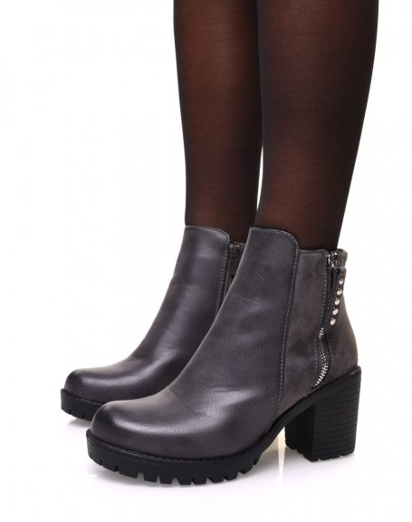Gray bi-material ankle boots with mid-high heel