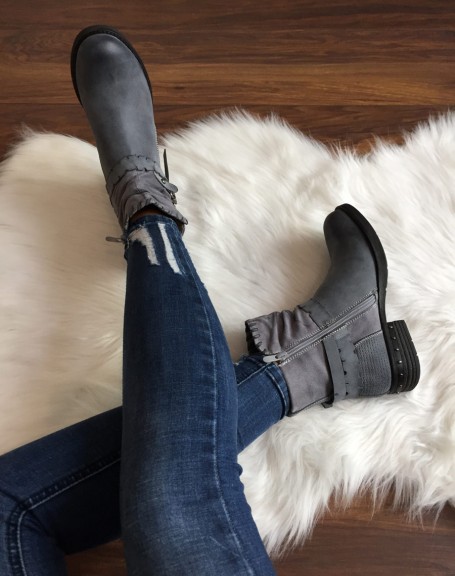 Gray bi-material ankle boots with multiple details