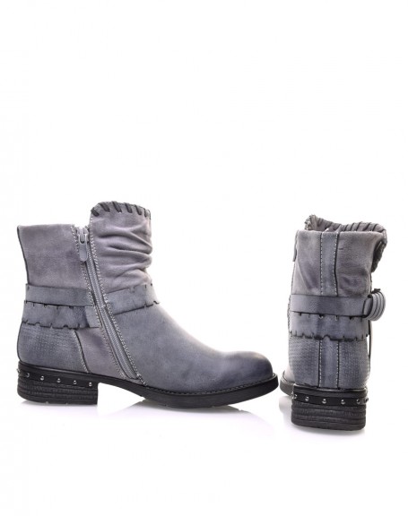 Gray bi-material ankle boots with multiple details