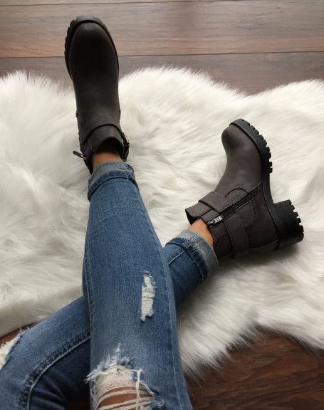 Gray bi-material ankle boots with notched sole