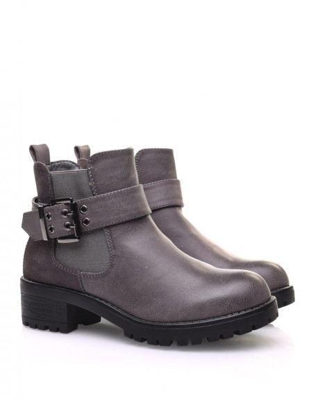 Gray bi-material ankle boots with notched sole
