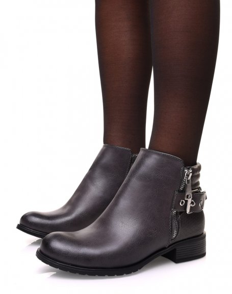 Gray bi-material ankle boots with python patterns