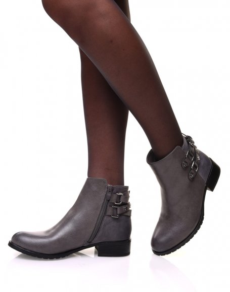 Gray bi-material ankle boots with studded strap