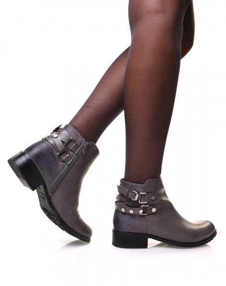 Gray bi-material ankle boots with studded strap