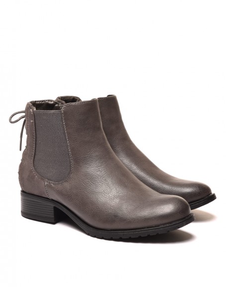 Gray bi-material flat ankle boots with decorative lace at the back