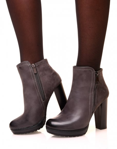 Gray bi-material heeled ankle boots