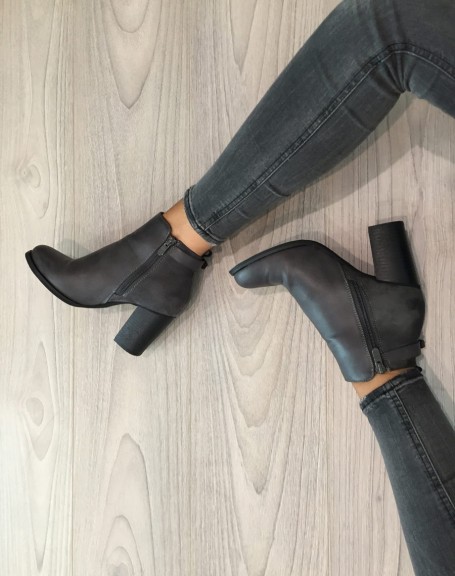Gray bi-material heeled ankle boots with strap