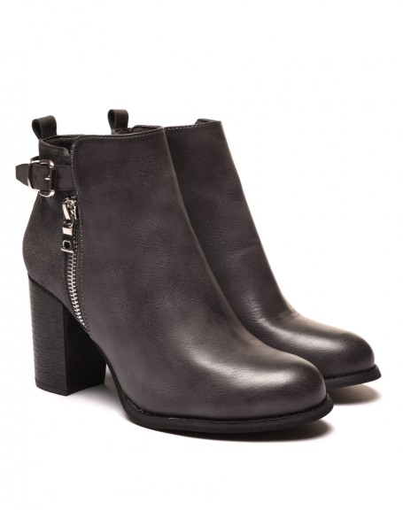 Gray bi-material heeled ankle boots with strap