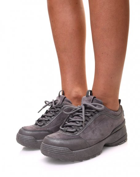 Gray bi-material trainers with thick sole