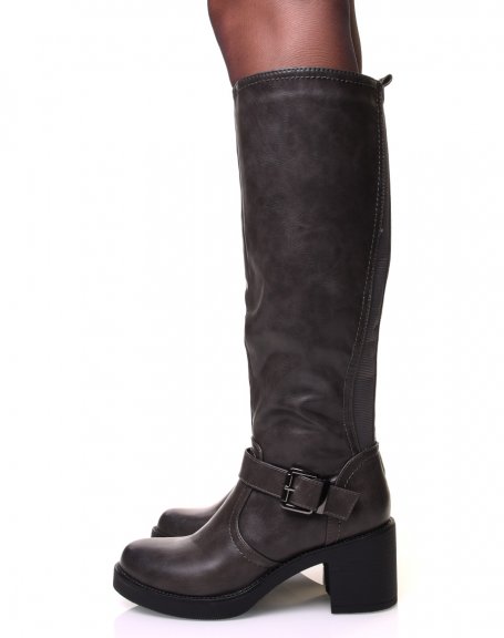 Gray boots with straps and thick heel
