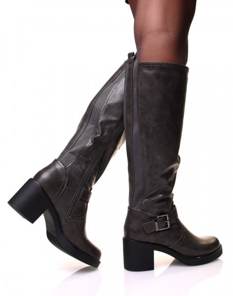 Gray boots with straps and thick heel