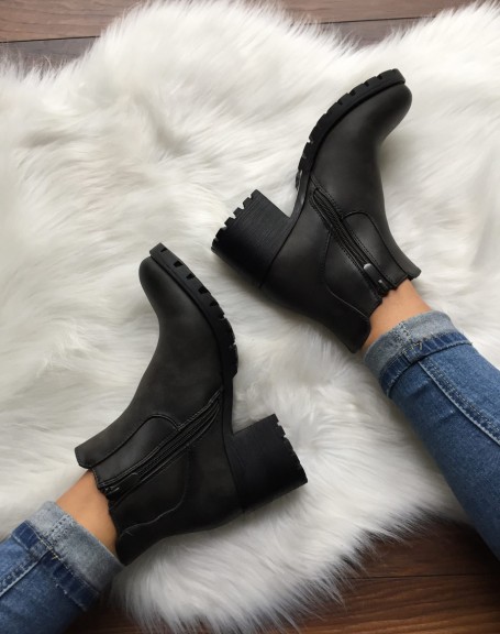 Gray Chelsea boots with striped elastic bands