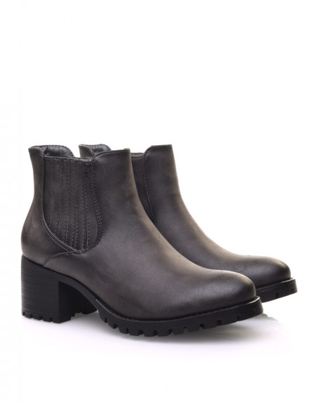 Gray Chelsea boots with striped elastic bands