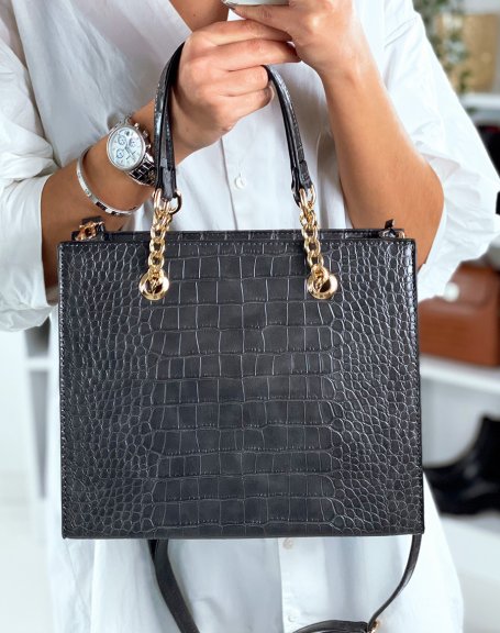 Gray croc-effect handbag with gold detail