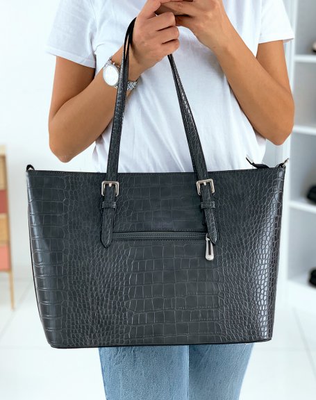 Gray crocodile-effect cabat type handbag