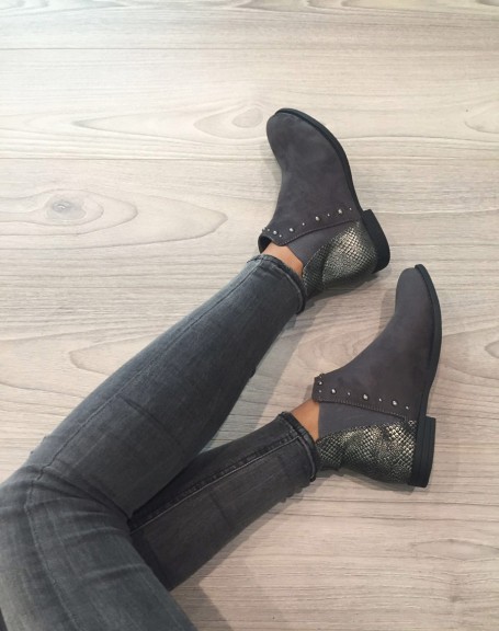 Gray flat ankle boots with shiny python patterns