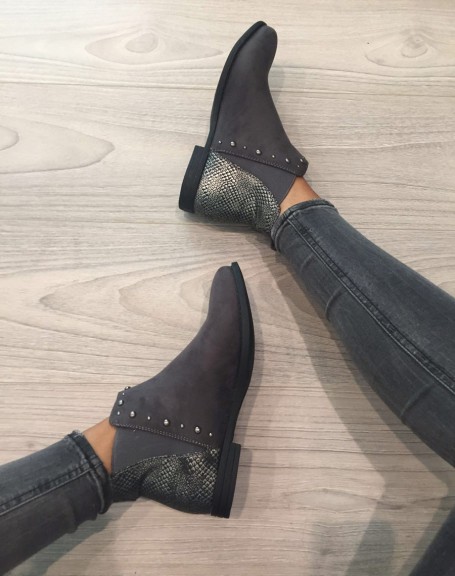 Gray flat ankle boots with shiny python patterns