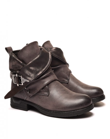 Gray flat ankle boots with strap and flaps