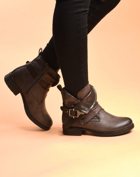 Gray flat ankle boots with strap and flaps