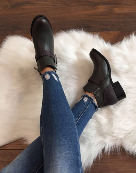 Gray flat ankle boots with suede inserts