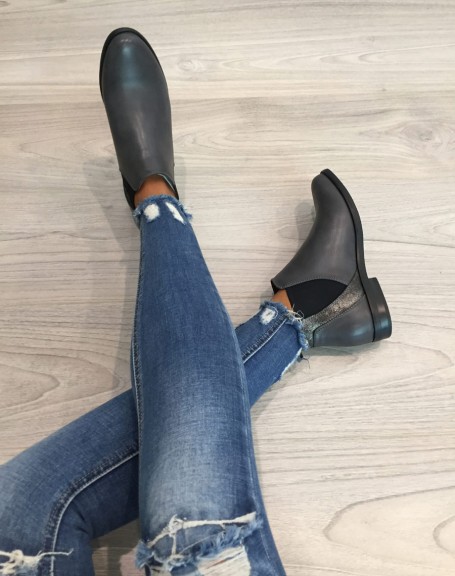 Gray flat metallic ankle boots