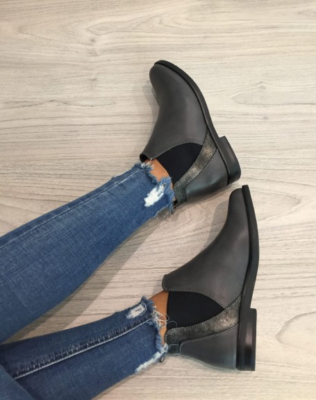 Gray flat metallic ankle boots