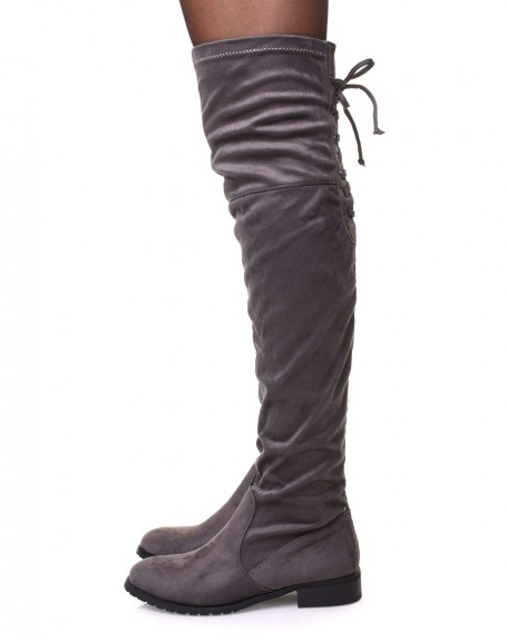 Gray flat thigh high boots with laces