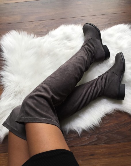 Gray flat thigh high boots with laces