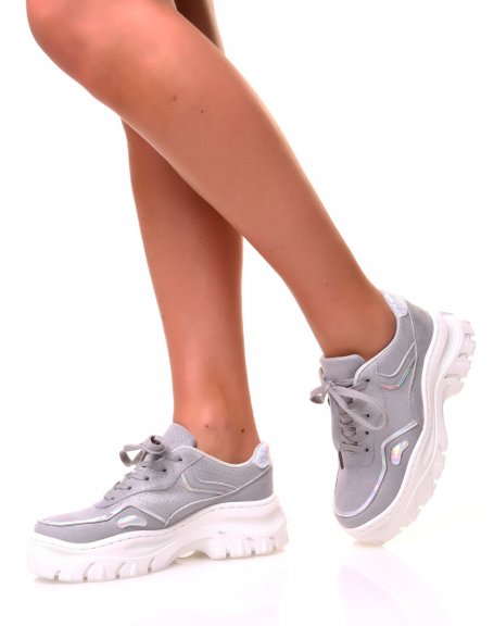 Gray glitter suedette chunky sole sneakers