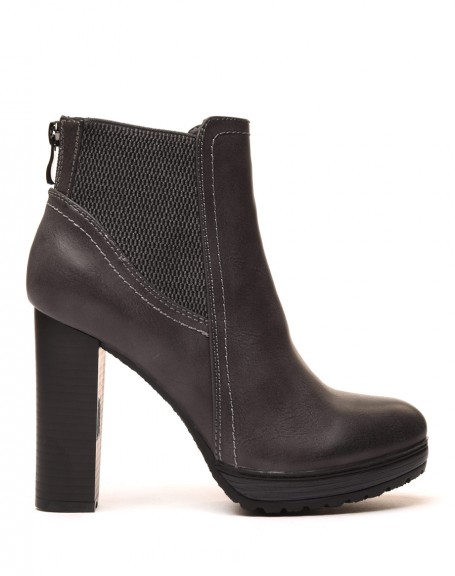 Gray heeled ankle boots with elastics