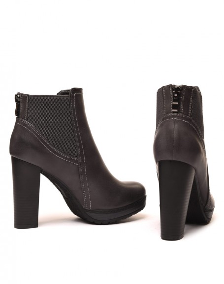 Gray heeled ankle boots with elastics