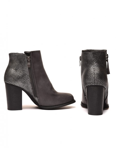 Gray heeled ankle boots with python patterns