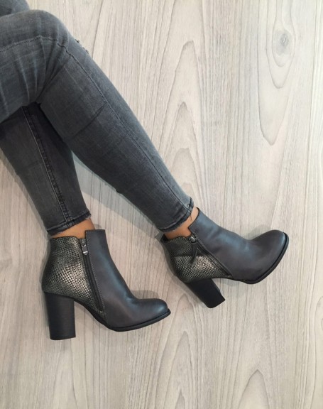 Gray heeled ankle boots with python patterns