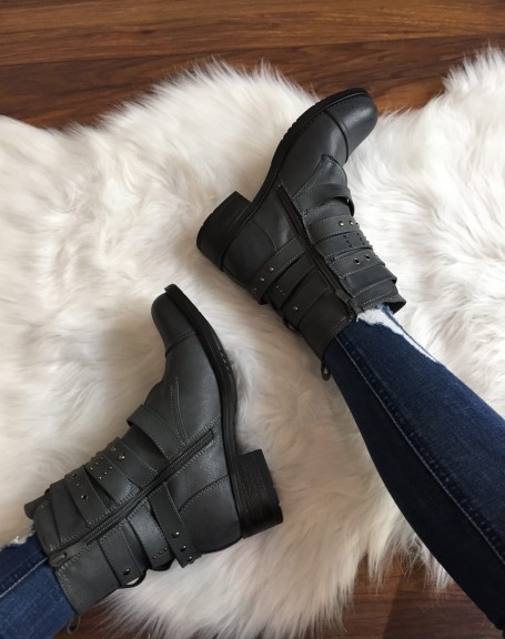 Gray high-top ankle boots with multiple straps