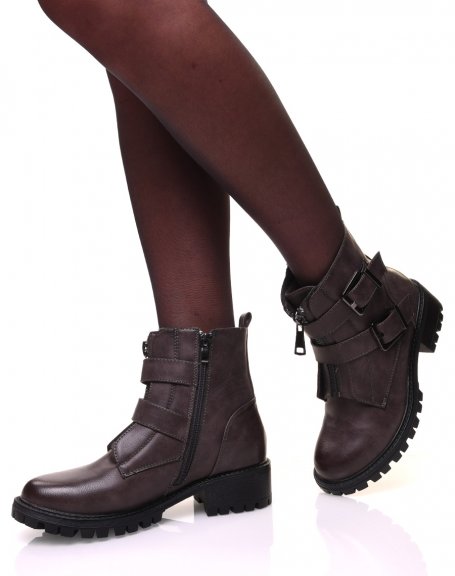 Gray high-top ankle boots with zippers
