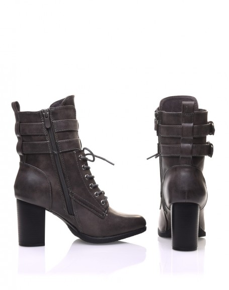 Gray lace-up heeled ankle boots