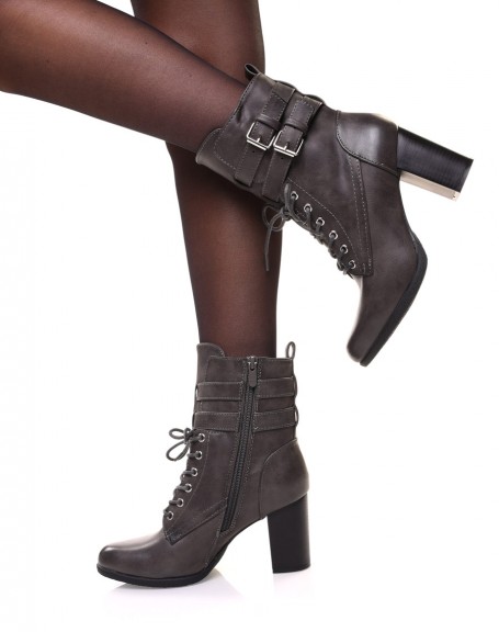 Gray lace-up heeled ankle boots