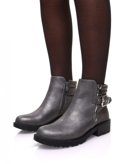 Gray metallic croc-effect ankle boots