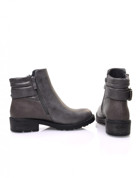 Gray metallic croc-effect ankle boots