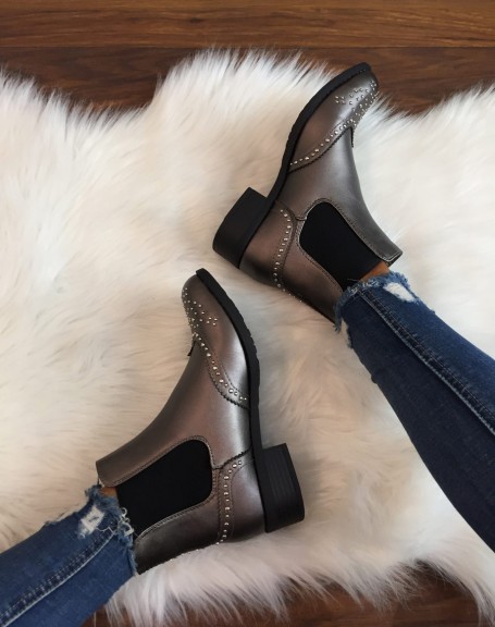 Gray metallic studded ankle boots
