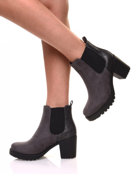 Gray mid-high bi-material ankle boots