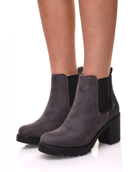 Gray mid-high bi-material ankle boots