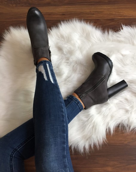 Gray notched high heel ankle boots