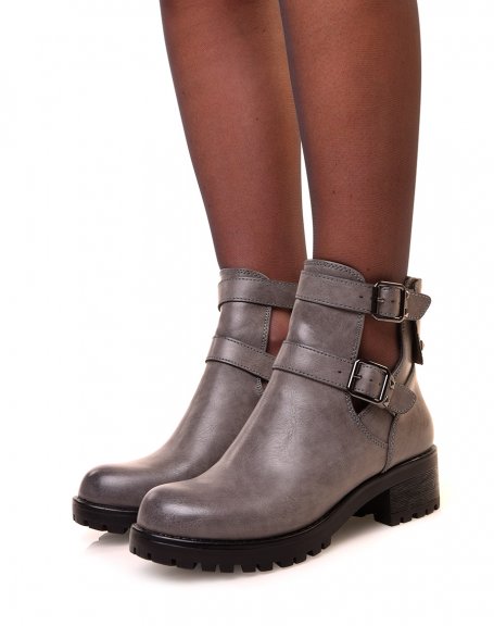 Gray open ankle boots with double straps