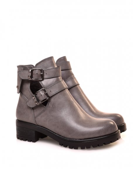 Gray open ankle boots with double straps