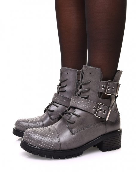 Gray openwork ankle boots with laces and embellished straps